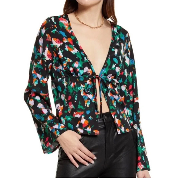 Open Edit Women Abstract Tie Front Bell Sleeve Blouse Multicolor Size XS - Picture 1 of 9